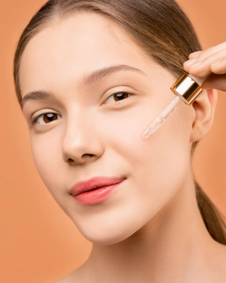 A woman pressing serum from a dropper onto her cheek